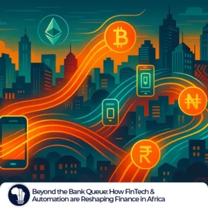 A vibrant, stylized illustration of an abstract African smart city featuring sleek, modern buildings in warm, earthy tones. Bright, blurred streams of digital data and currency symbols—including Bitcoin, Ethereum, and African mobile money icons—flow dynamically across the image, converging at stylized mobile device icons that act as connection points. The energetic design, with organic, racing light trails and subtle African-inspired accents, captures the fast-paced, optimistic spirit of FinTech transforming finance in Africa. FinTech Africa Automation featured image
