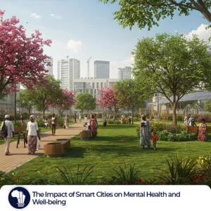 Serene green space in a modern African city with people relaxing and enjoying the outdoors, representing the positive impact of nature on mental health in smart urban environments. Smart Cities & Well-being featured image