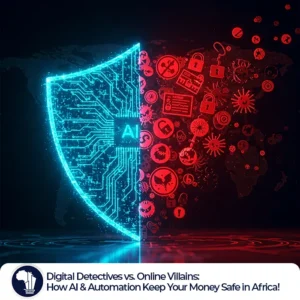 A dynamic digital artwork depicts a glowing blue shield, overlaid with intricate circuit patterns and the letters "AI," positioned on the left against a dark background with a faint outline of the African continent. The shield appears to be deflecting a chaotic array of red, glitchy icons on the right side, representing cyber threats such as phishing hooks, broken padlocks, malware symbols, and warning signs. The contrast between the cool blue of the protective AI shield and the hot red of the attacking threats is stark, suggesting a digital battle against fraud. A subtle reflection of the shield and the threat icons appears on a dark, textured surface below. AI Securing African Finance. featured image