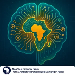 A stylized digital illustration of a glowing human brain with interconnected circuits, symbolizing artificial intelligence in finance. The circuitry subtly integrates an abstract outline of the African continent, representing AI's impact on Africa's financial landscape. The color palette features vibrant blues, greens, and gold, evoking innovation and prosperity. The image conveys the concept of AI serving as the "financial brain" powering smart finance solutions across Africa. AI Banking Africa