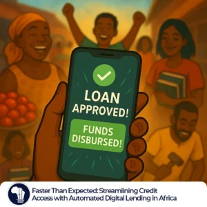 Automated Digital Lending_A close-up digital illustration of a smartphone screen displaying a joyful "Loan Approved! Funds Disbursed!" notification. The background features a vibrant, slightly blurred montage of diverse African entrepreneurs, students, and small business owners, each engaged in activities symbolizing financial growth—such as a market vendor stocking products, a student with books, and a craftsman setting up a workshop. The image conveys the speed and accessibility of automated digital lending, highlighting financial empowerment across Africa.