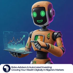 A sleek, friendly-looking orange robot with glowing green eyes and a smiling green mouth holds a transparent tablet displaying vibrant financial charts with an upward trend. The robot is pointing towards the charts with its right index finger. Subtle dark green Nigerian-inspired patterns decorate its body. The background is a gradient of deep blue and purple. Automated Investing Nigeria