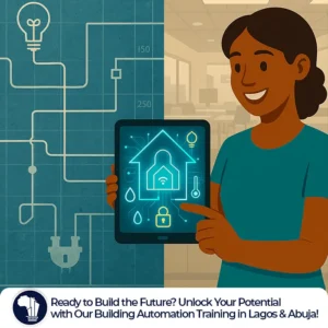 A split-image illustration showing the contrast between a traditional, slightly chaotic blueprint with tangled wiring on one side and a clean, futuristic digital interface displaying a smart home control panel on a tablet on the other side. The tablet is held by a smiling trainee in a modern training facility, symbolizing the transition from old methods to cutting-edge automation technology in Africa. Building Automation Training featured image