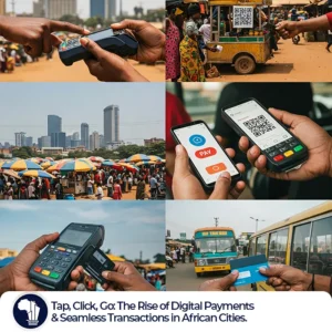 A dynamic collage showcasing digital payment methods in Africa. It features close-ups of a phone tapping a POS terminal in a Lagos market, fingers selecting 'Pay' on a mobile money app with the Nairobi skyline in the background, a QR code being scanned at an Accra food stall, and a hand holding a card near a reader on a city bus. The image uses bright and optimistic colors to convey the ease and widespread adoption of digital payments. Digital Payments Africa featured image.