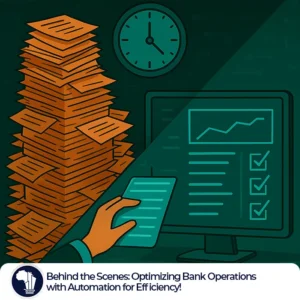 Bank Operations Automation featured image_A dynamic visual metaphor capturing the transformation of bank operations: on the left, a massive, cluttered pile of disorganized physical paperwork, and on the right, a sleek digital dashboard displaying organized charts and data. In the background, a rapidly moving clock underscores the dramatic efficiency gains from transitioning to automated processes.