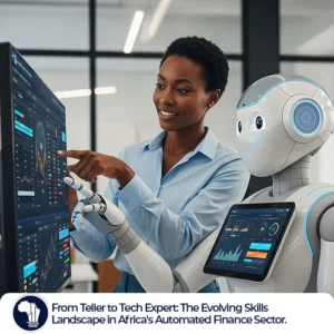 FinTech Skills Africa featured image_A stylized illustration of a human financial professional and a sleek, friendly robot seated side-by-side at a digital workstation. Both are analyzing a shared financial dashboard—showing charts, graphs, and data flows. The human is gesturing thoughtfully, while the robot processes inputs, symbolizing a seamless collaboration between human insight and AI-driven automation. The background evokes a futuristic, yet distinctly African tech environment.