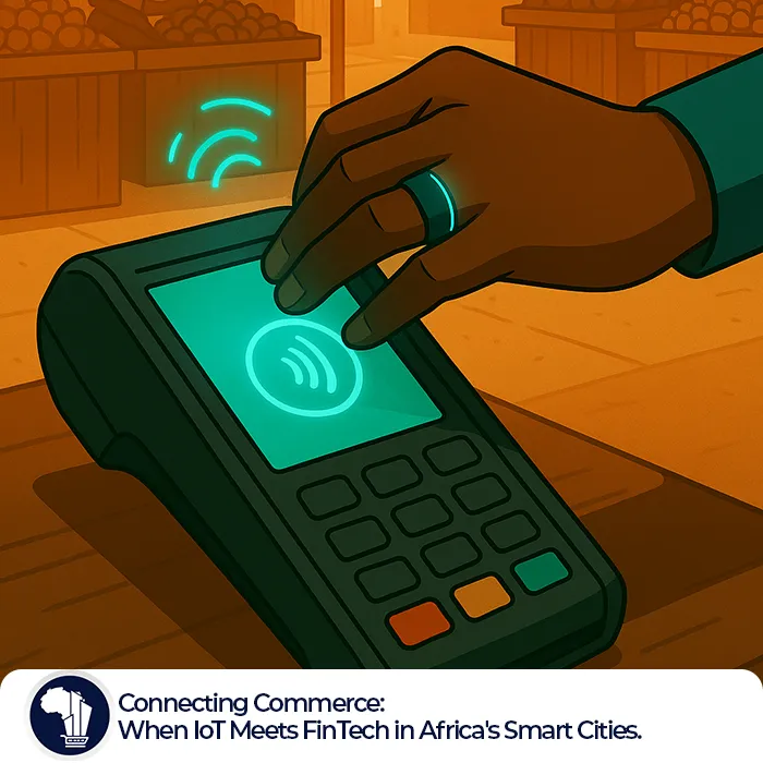 IoT FinTech Africa featured image_A close-up view of a hand wearing a sleek, futuristic smart ring as it taps on a digital POS terminal. In the background, a vibrant African market scene or café bustles with activity, symbolizing the seamless integration of everyday commerce with advanced IoT and FinTech technologies in Africa’s smart cities.