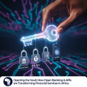 Mobile Banking Africa featured image_A futuristic image depicting a diverse African hand holding a single, glowing digital key. The key is simultaneously unlocking multiple glowing padlocks, symbolizing unified access to various financial services through open banking. The background is dark with an abstract pattern of glowing digital circuits.