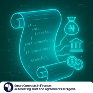 A futuristic digital scroll, glowing and composed of smart contract code, unfurls in mid-air. As it unfolds, icons representing financial actions—such as money transfers, asset releases, and automated approvals—are visibly activating, symbolizing the seamless, automated execution of agreements through smart contracts in Nigeria. The vibrant glow emphasizes trust, security, and efficiency in modern financial transactions._Smart contracts Nigeria featured image
