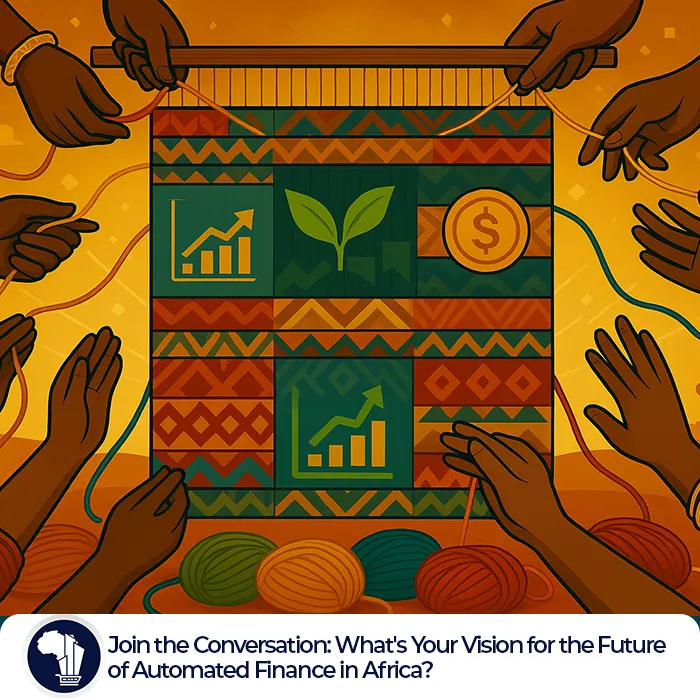 Africa Finance Vision featured image_A vibrant illustration of multiple hands weaving a giant African tapestry on a wooden loom. The tapestry combines traditional geometric patterns with modern FinTech symbols like a sprout, coin, and growth chart. Each colorful thread—red, teal, gold—is held by diverse hands wearing cultural bracelets and clothing, symbolizing collective contribution to Africa’s financial future through both heritage and innovation.