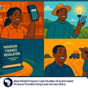 Automated Finance in Africa featured image_A collage of four portraits: a smiling female shopkeeper proudly holding up her POS terminal; a farmer standing in a field holding a solar-powered lightbulb; a ride-hailing driver smiling behind the wheel of her car; and a farmer overseeing a tractor as it tills the land.