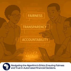 Ethical AI in Finance featured image_A group of African developers—men and women—collaborate around a glowing holographic interface, visually constructing an algorithm. The code floating above the interface includes words like “Fairness,” “Transparency,” and “Accountability,” highlighting the intentional design of ethical AI in financial systems. The setting combines tech elements with African motifs, symbolizing local innovation in automated finance.