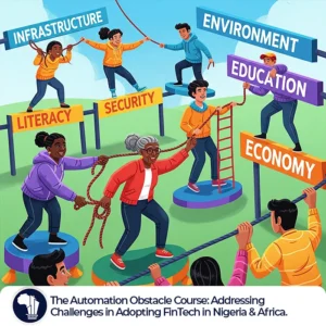 FinTech Africa Challenges featured image_A vibrant, optimistic illustration showing a diverse group of people cheerfully helping one another on a fun obstacle course. The different obstacles are labeled with signs that read "Infrastructure," "Literacy," "Security," "Environment," "Education," and "Economy," symbolizing the challenges of FinTech adoption being overcome through teamwork.