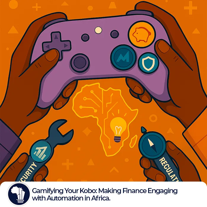 Gamified African Finance featured image_A close-up of hands holding a video game controller that’s creatively redesigned with financial symbols instead of traditional buttons. The controller features a piggy bank (savings), a rising graph (investment), a shield (insurance), and a lightbulb (financial literacy), all in vibrant colors. The background is dynamic and energetic, emphasizing the fun and engaging side of managing money through gamified automation in Africa.