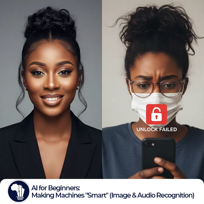 Split-screen image showing a woman in two contrasting scenarios: on the left, she appears glamorous with styled hair and makeup, smiling confidently at the camera; on the right, she wears glasses and a medical face mask, looking confused at her smartphone. A red padlock icon with the text "UNLOCK FAILED" floats above her head, illustrating a humorous facial recognition failure._AI for Beginners eatured image
