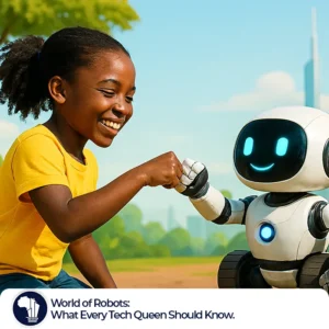 A realistic image of a smiling young African girl fist-bumping a small humanoid robot outdoors. The girl wears a yellow shirt and jeans, and the robot has a white body with glowing blue eyes and wheels. They are surrounded by lush greenery with futuristic city buildings in the background, symbolizing harmony between nature and technology._World of Robots featured image